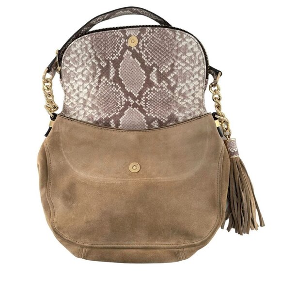 MICHAEL KORS Bedford Dark Sand Suede & Python Embossed Leather Shoulder Bag - Picture 6 of 9